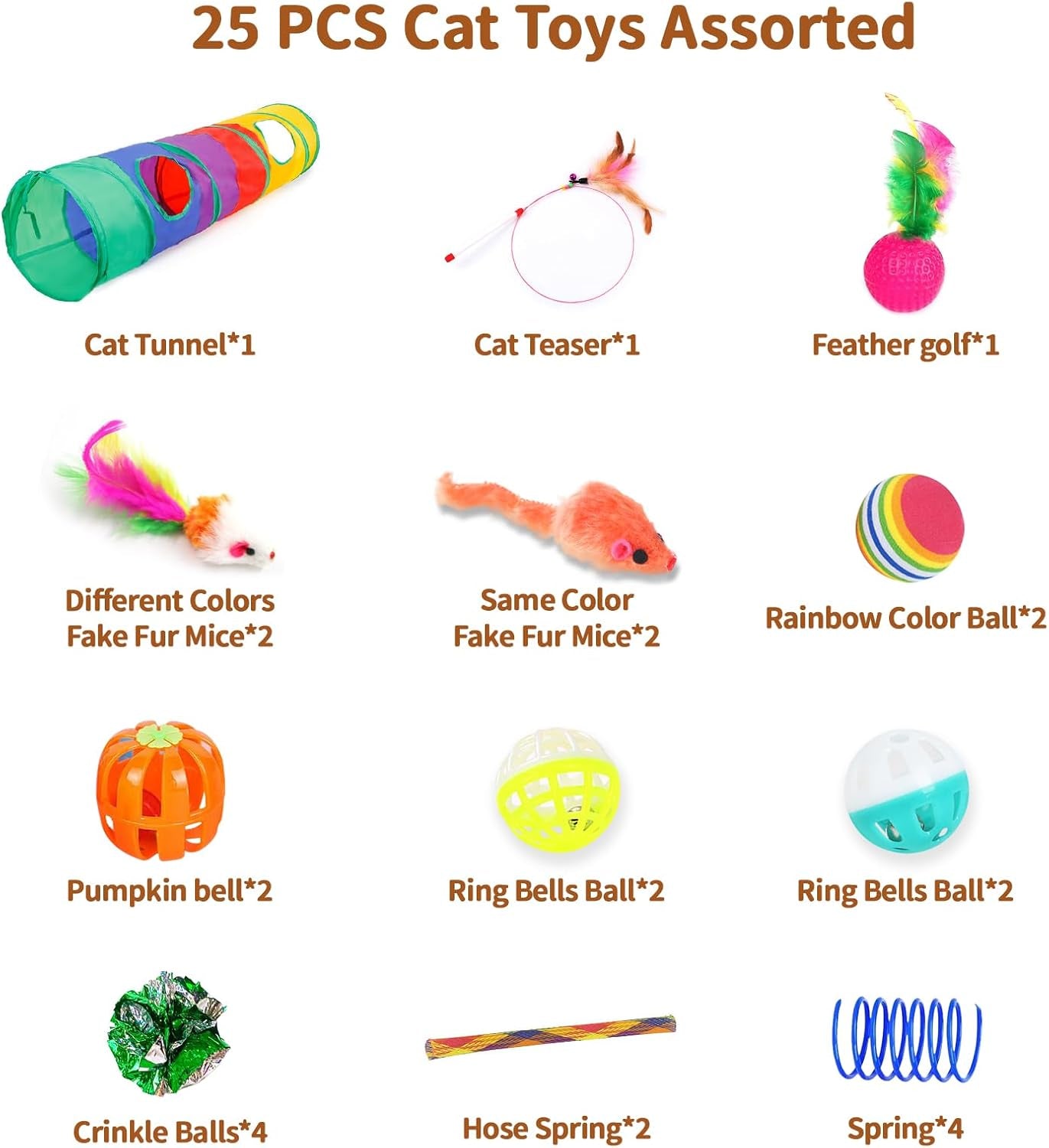 25-Piece Interactive Cat Toy Variety Pack for Indoor Kittens - Includes 45-Inch Rainbow Cat Tunnel, Feather Teasers, Mice, Springs, Balls, and Noise Toys