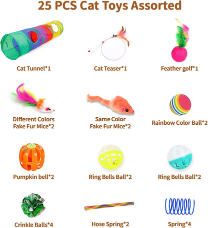 25-Piece Interactive Cat Toy Variety Pack for Indoor Kittens - Includes 45-Inch Rainbow Cat Tunnel, Feather Teasers, Mice, Springs, Balls, and Noise Toys
