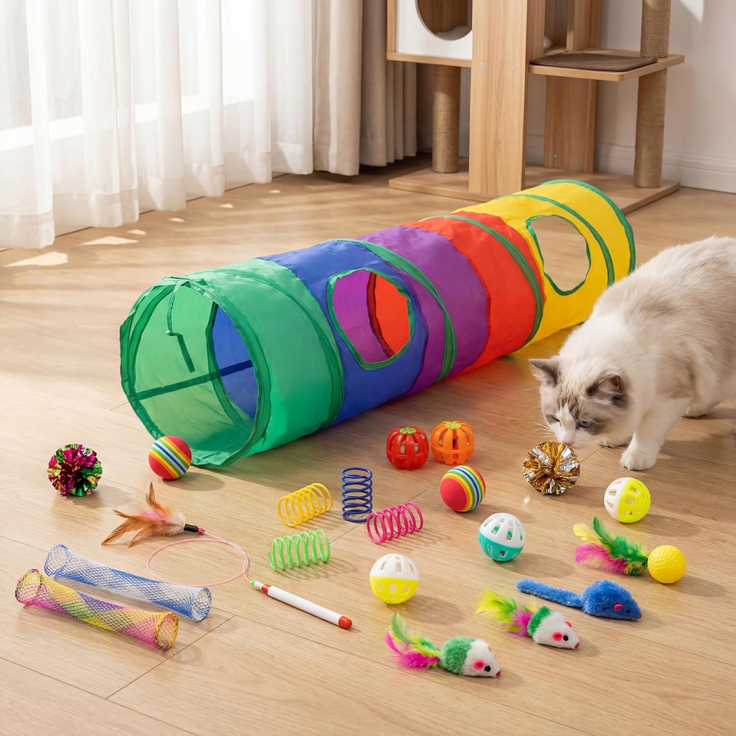 25-Piece Interactive Cat Toy Variety Pack for Indoor Kittens - Includes 45-Inch Rainbow Cat Tunnel, Feather Teasers, Mice, Springs, Balls, and Noise Toys