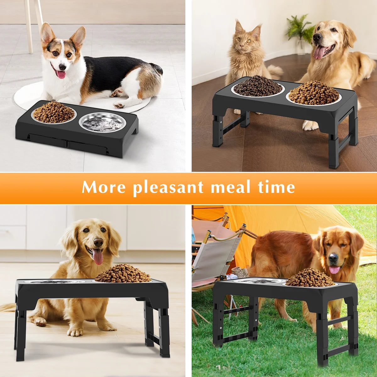 Elevated Dog Bowl Stand with Two 42oz Stainless Steel Bowls, Adjustable Height for Small, Medium, and Large Dogs and Cats