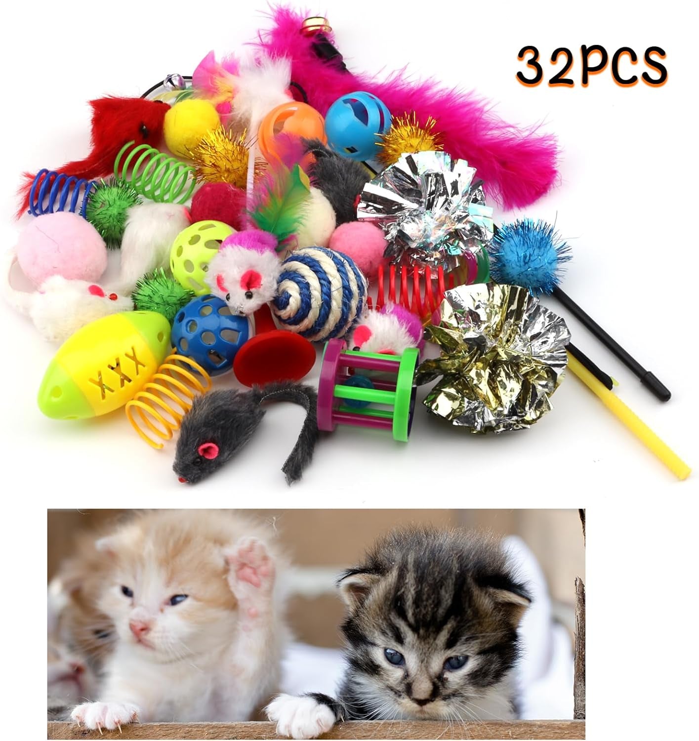 32-Pack Assorted Cat Toys for Indoor Cats and Kittens, Including Balls with Bells, Feather Toys, Mouse Toys, Crinkle Balls, and Catnip Toys