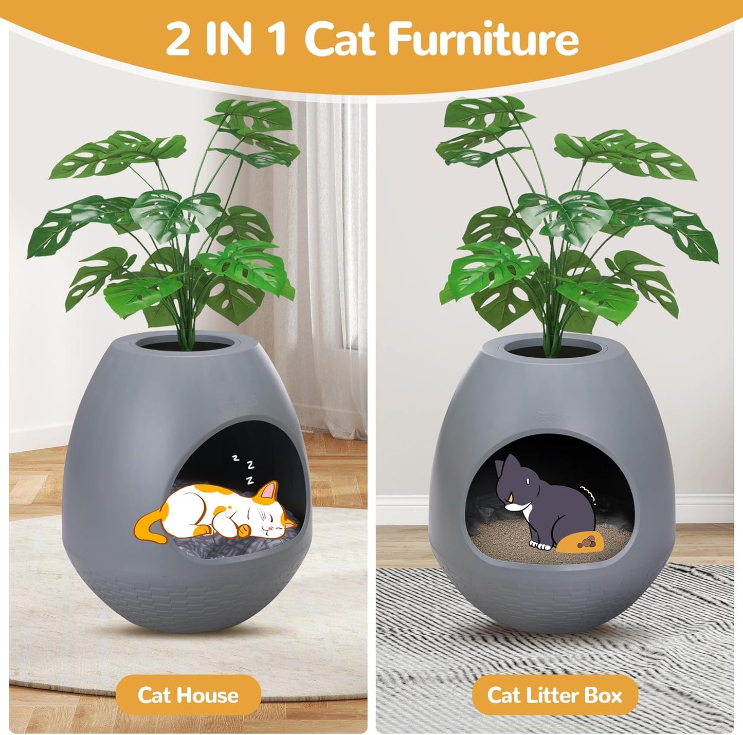 Eggloa6 Large Cat Hidden Litter Box with 4 Liners and Mat - Stylish Enclosure Furniture for Cats and Rabbits