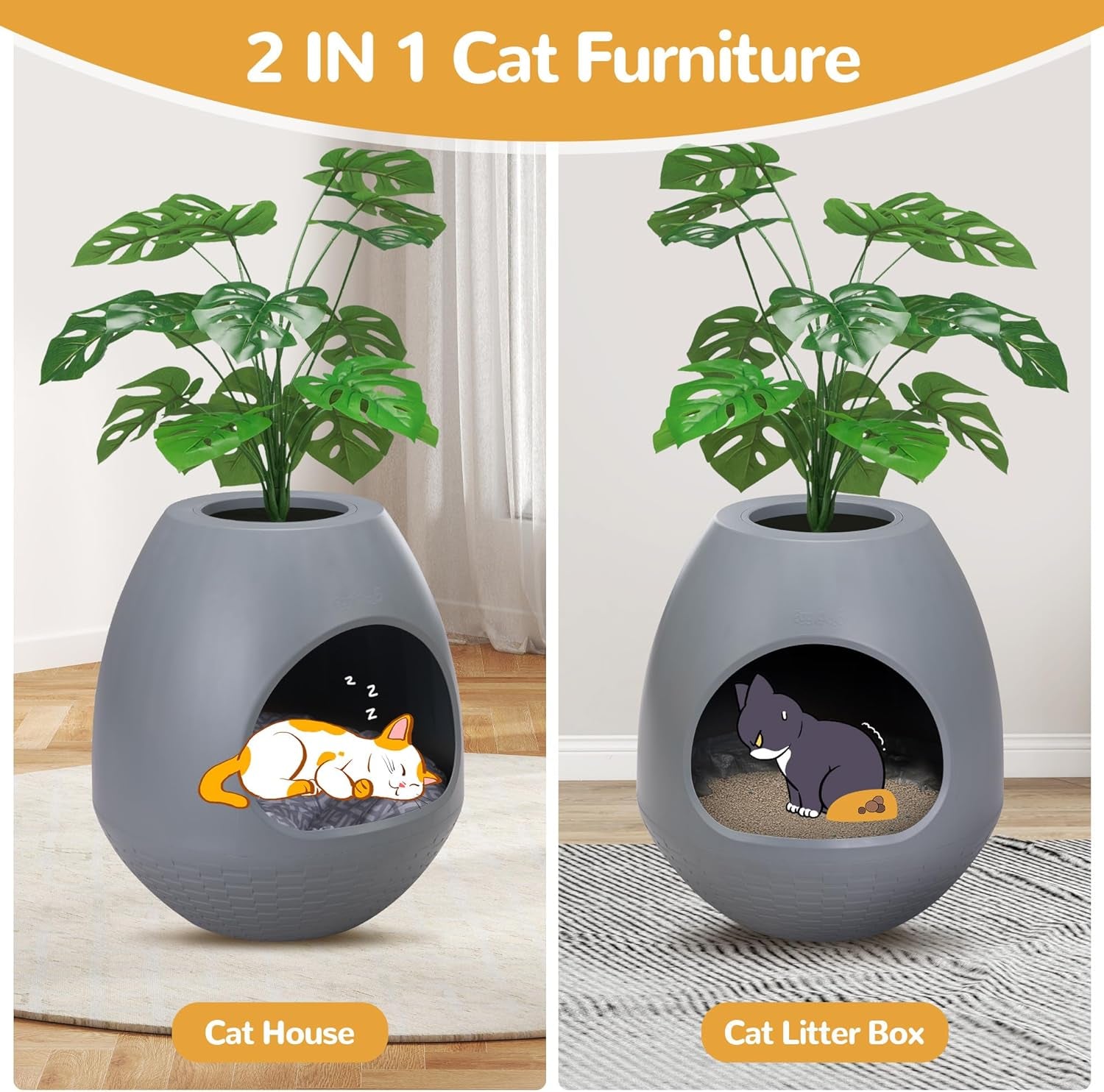 Eggloa6 Large Cat Hidden Litter Box with 4 Liners and Mat - Stylish Enclosure Furniture for Cats and Rabbits