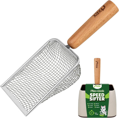 Cat Litter Scoop with Holder - Metal Mesh Scooper with Wooden Handle for Efficient Sifting and Easy Cleaning