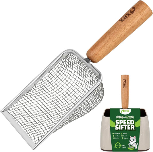 Cat Litter Scoop with Holder - Metal Mesh Scooper with Wooden Handle for Efficient Sifting and Easy Cleaning