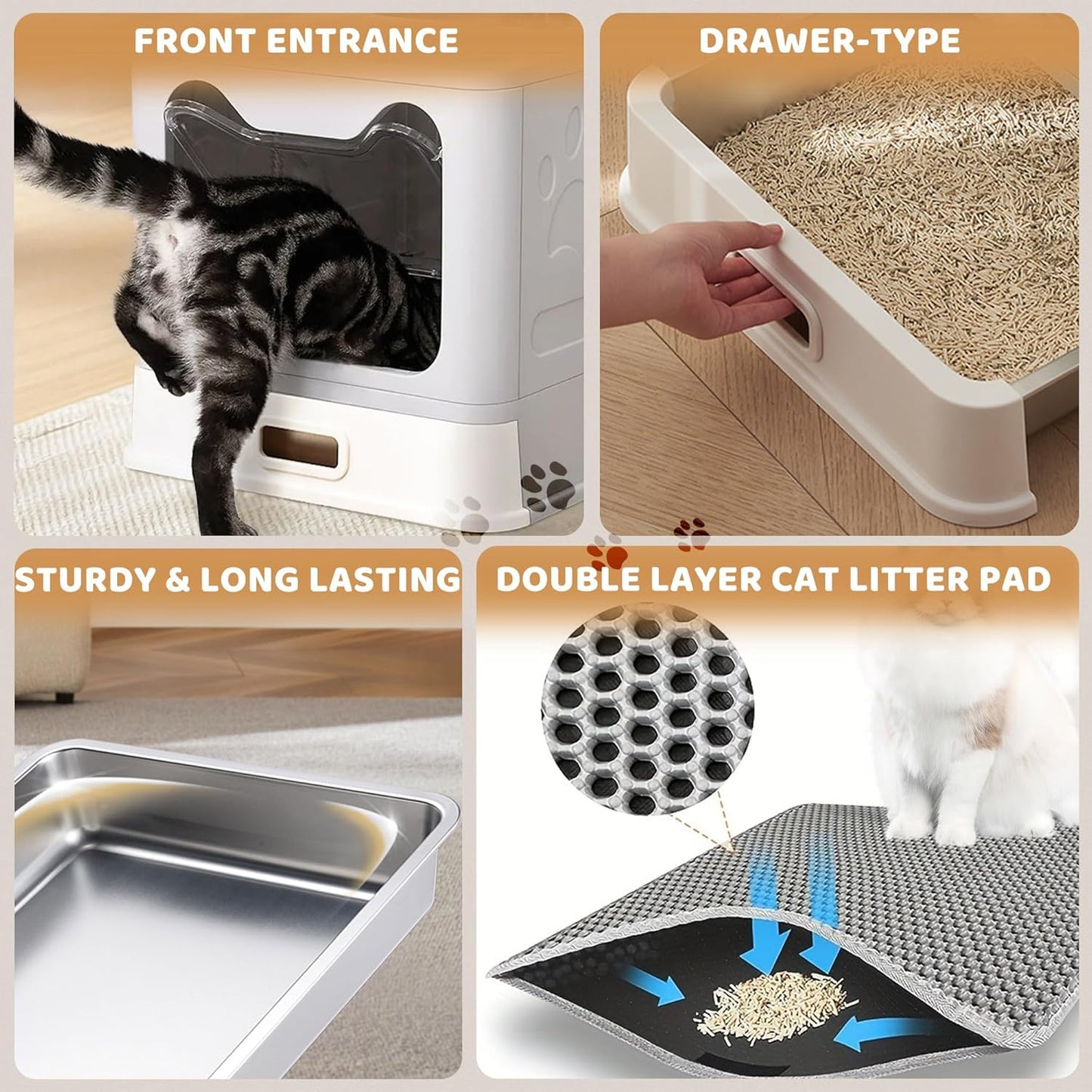 Enclosed Stainless Steel Cat Litter Box with Lid, Top Exit Design, Leak-Proof and Odorless, Easy to Clean, Includes Litter Scoop and Mat