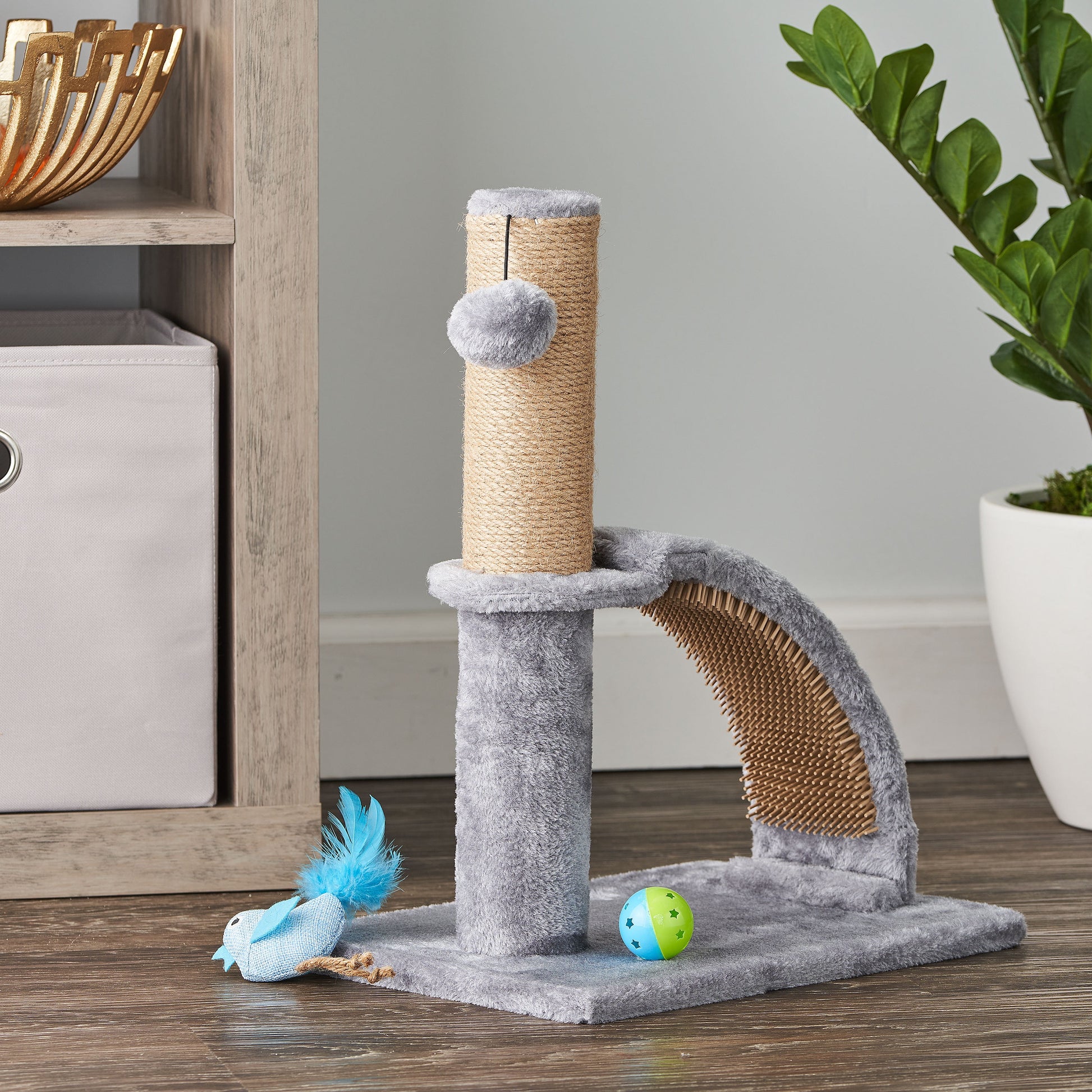 17-Inch Premium Jute Cat Scratching Post with Arch Grooming Massager, Gray, Single Pack