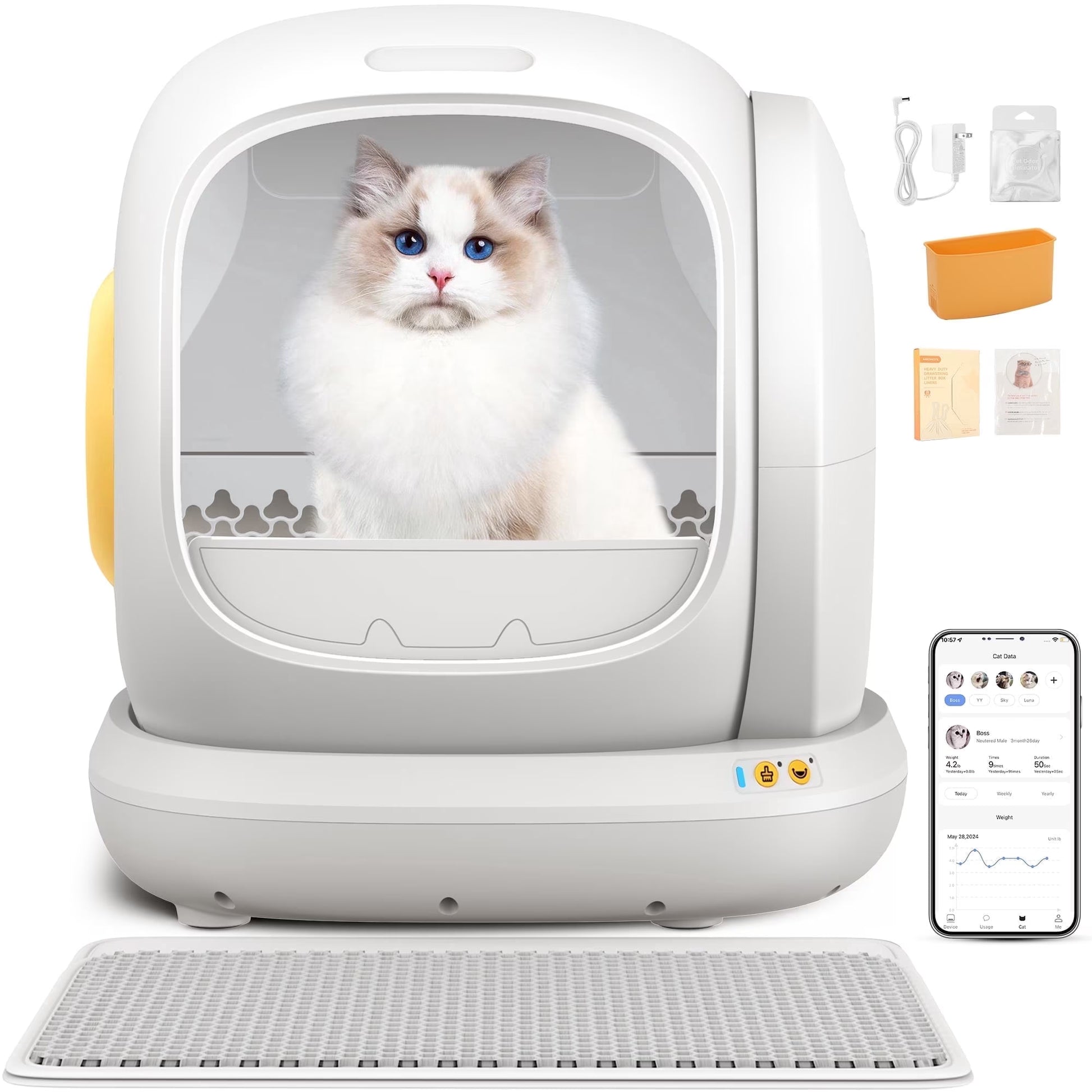75L Smart Automatic Self-Cleaning Cat Litter Box with APP Control and Integrated Safety Features, White
