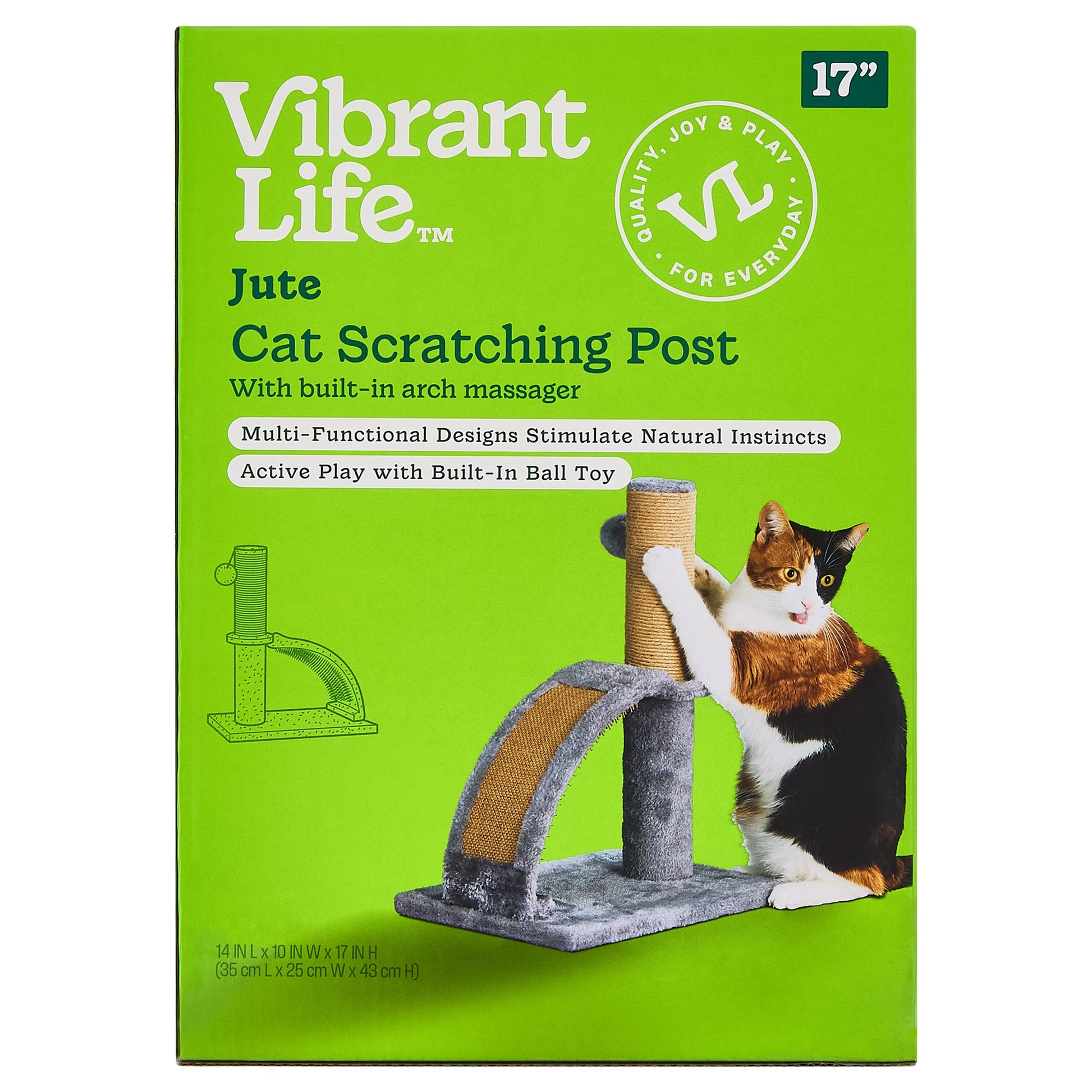 17-Inch Premium Jute Cat Scratching Post with Arch Grooming Massager, Gray, Single Pack