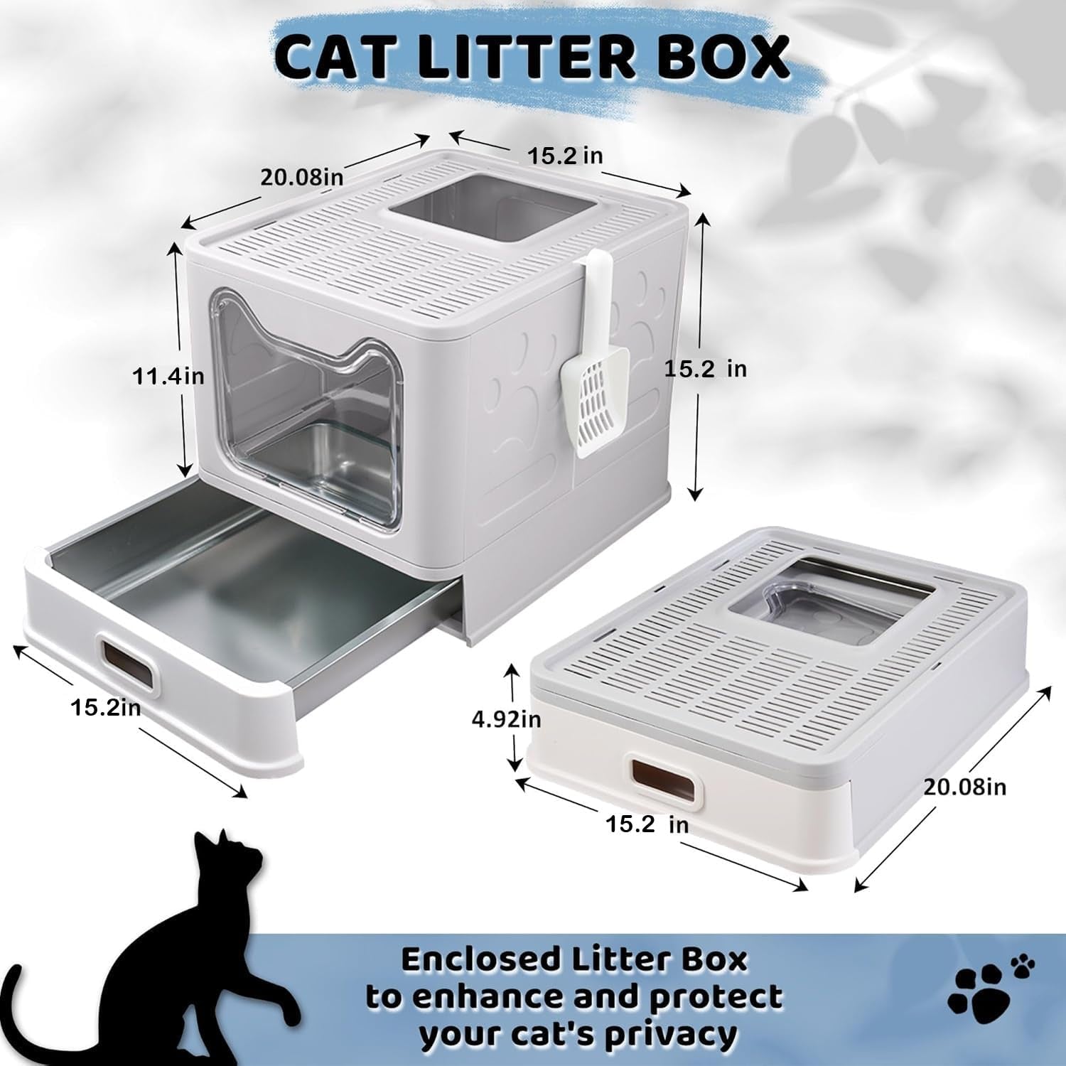 Enclosed Stainless Steel Cat Litter Box with Lid, Top Exit Design, Leak-Proof and Odorless, Easy to Clean, Includes Litter Scoop and Mat