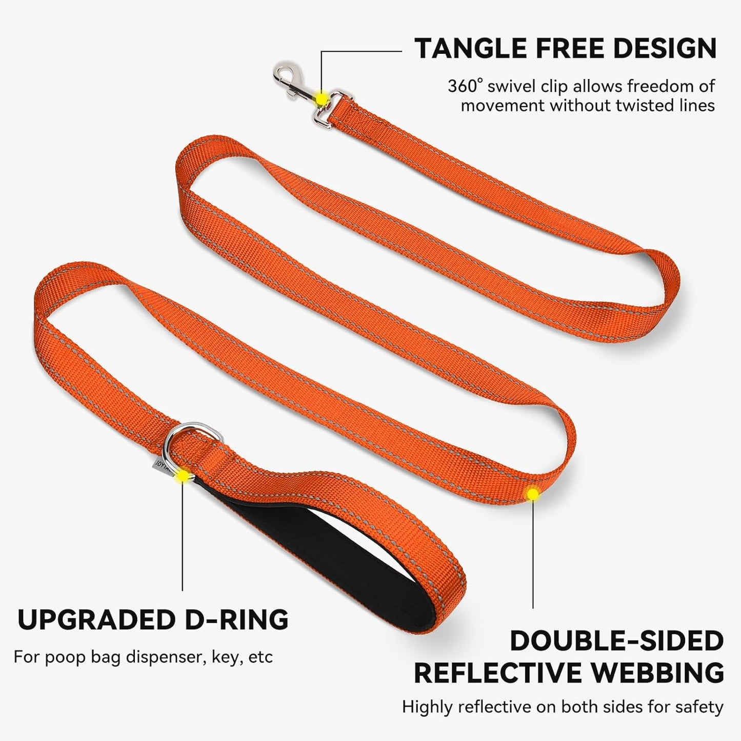 5 FT Double-Sided Reflective Dog Leash with Padded Handle, Heavy Duty Nylon for Medium and Large Dogs, Orange