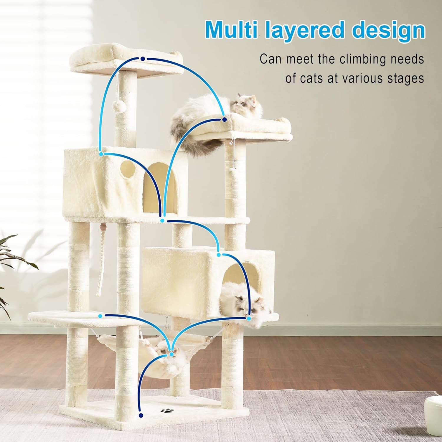Large Multi-Level Cat Tree Condo with Sisal-Covered Scratching Posts, Spacious Plush Condos, and Perch Hammock for Cats and Kittens - Beige MPJ020M