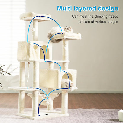 Large Multi-Level Cat Tree Condo with Sisal-Covered Scratching Posts, Spacious Plush Condos, and Perch Hammock for Cats and Kittens - Beige MPJ020M