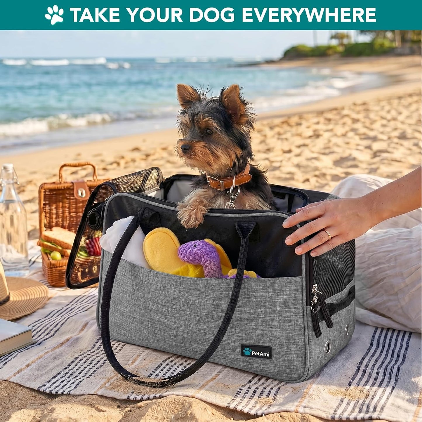 Soft-Sided Dog and Cat Carrier, TSA Approved Travel Tote with Pockets and Ventilation, Includes Bed and Shoulder Strap, For Pets Up to 12 lbs, Heather Grey
