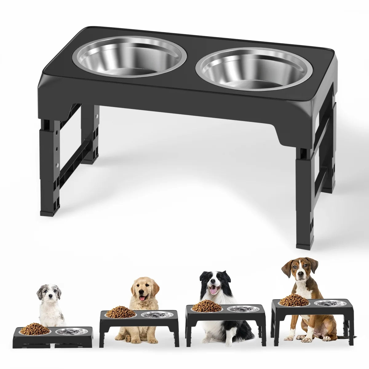 Elevated Dog Bowl Stand with Two 42oz Stainless Steel Bowls, Adjustable Height for Small, Medium, and Large Dogs and Cats