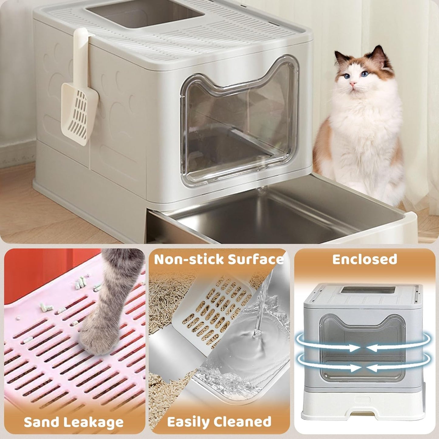 Enclosed Stainless Steel Cat Litter Box with Lid, Top Exit Design, Leak-Proof and Odorless, Easy to Clean, Includes Litter Scoop and Mat