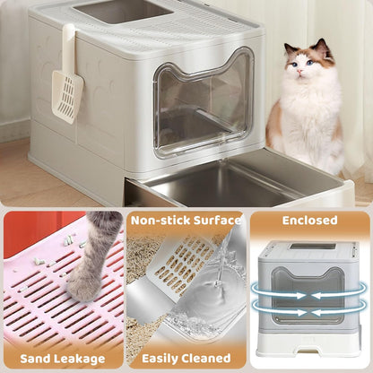 Enclosed Stainless Steel Cat Litter Box with Lid, Top Exit Design, Leak-Proof and Odorless, Easy to Clean, Includes Litter Scoop and Mat