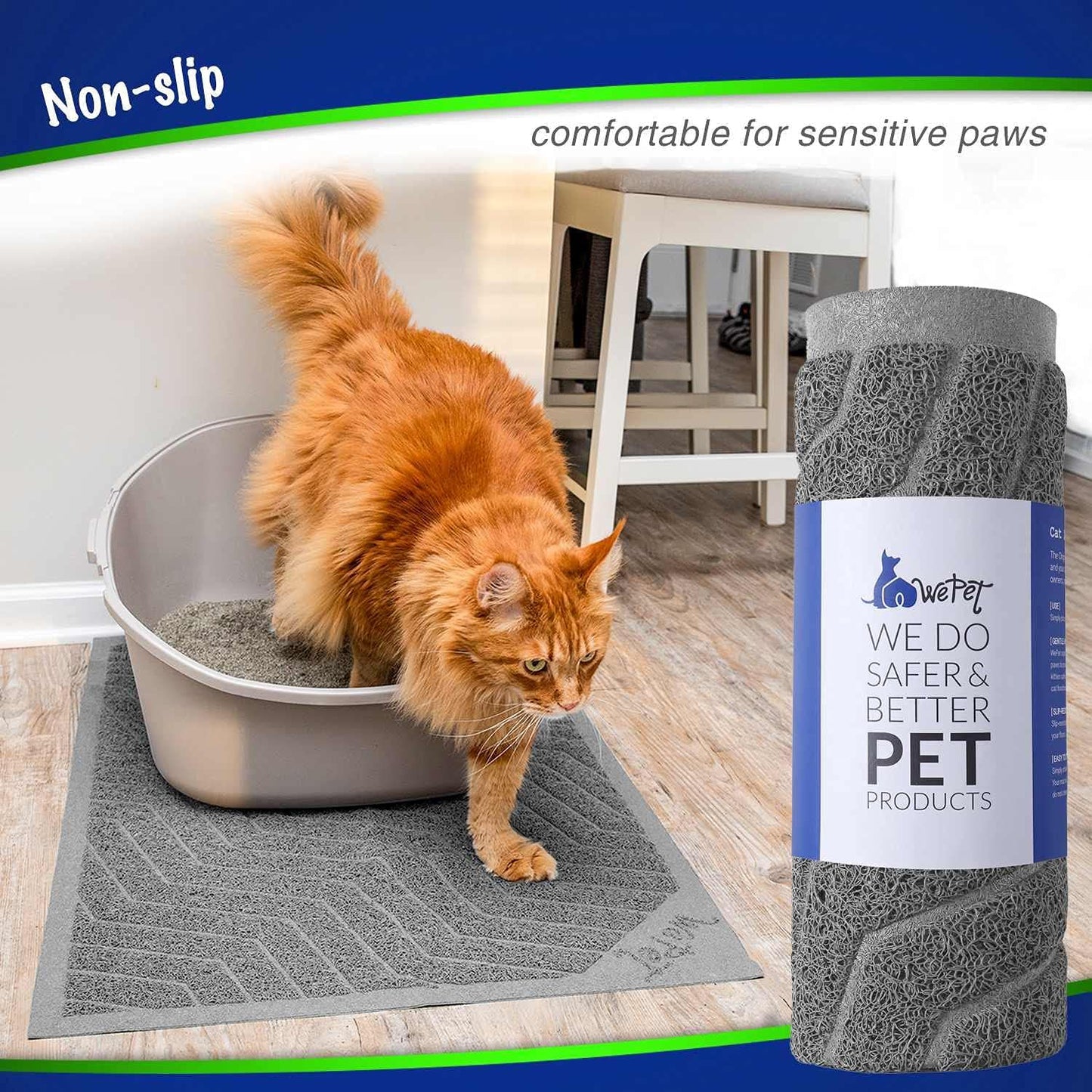 Premium PVC Cat Litter Box Mat, Durable Urine-Resistant Trapping Rug, Phthalate-Free, Grey, 35" x 23