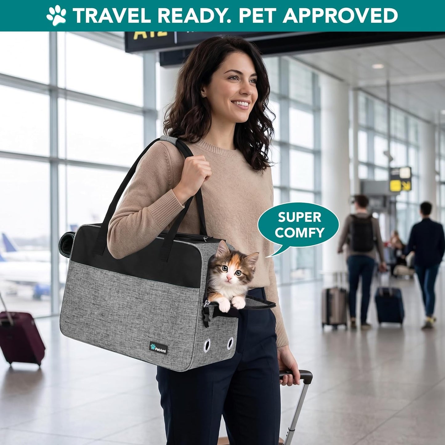 Soft-Sided Dog and Cat Carrier, TSA Approved Travel Tote with Pockets and Ventilation, Includes Bed and Shoulder Strap, For Pets Up to 12 lbs, Heather Grey