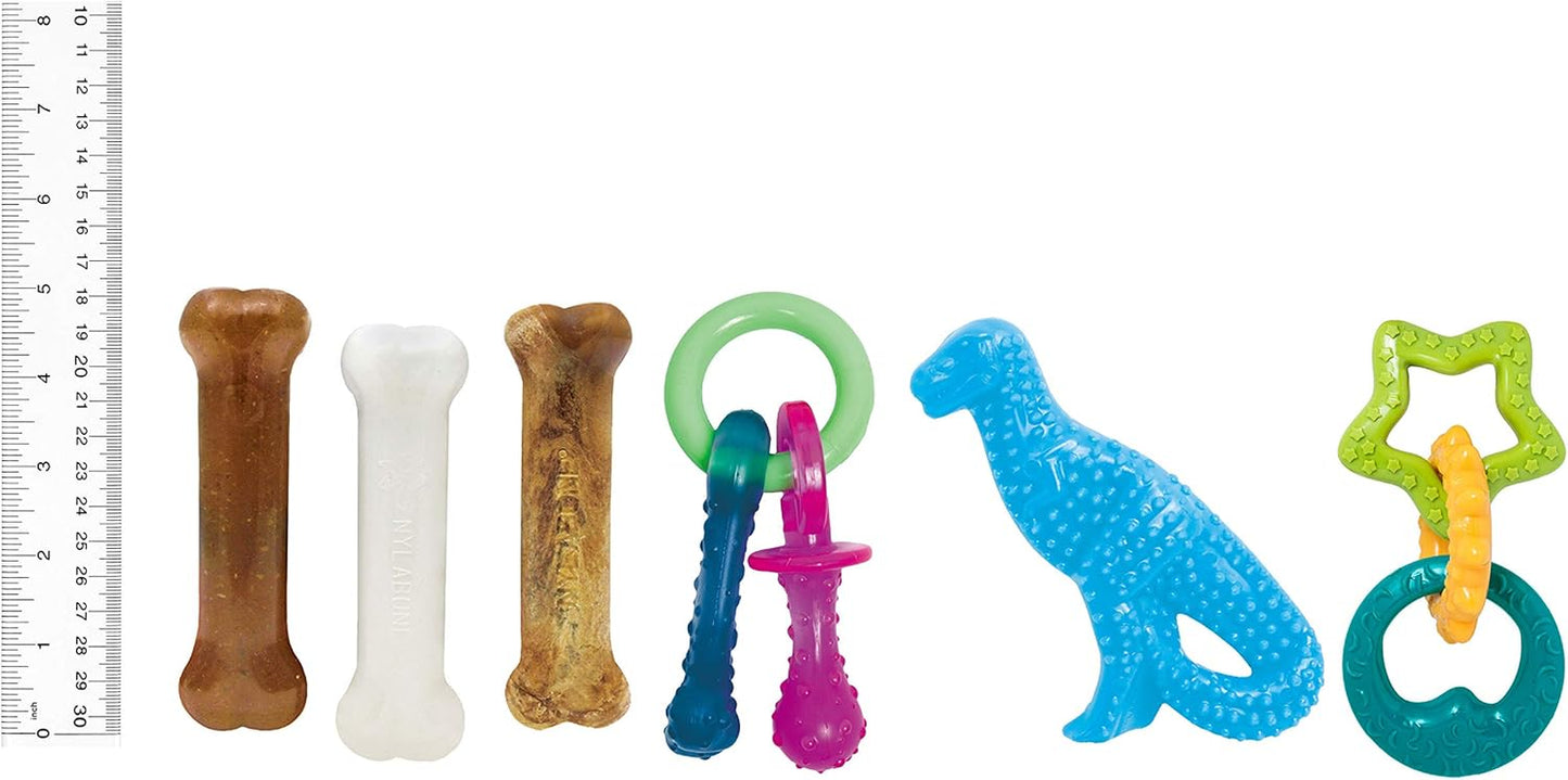 Puppy Starter Kit: 5 Assorted Chew Toys and 1 Natural Treat for Small Dogs (Up to 25 lbs) - Bacon & Chicken Flavor, 6 Pack