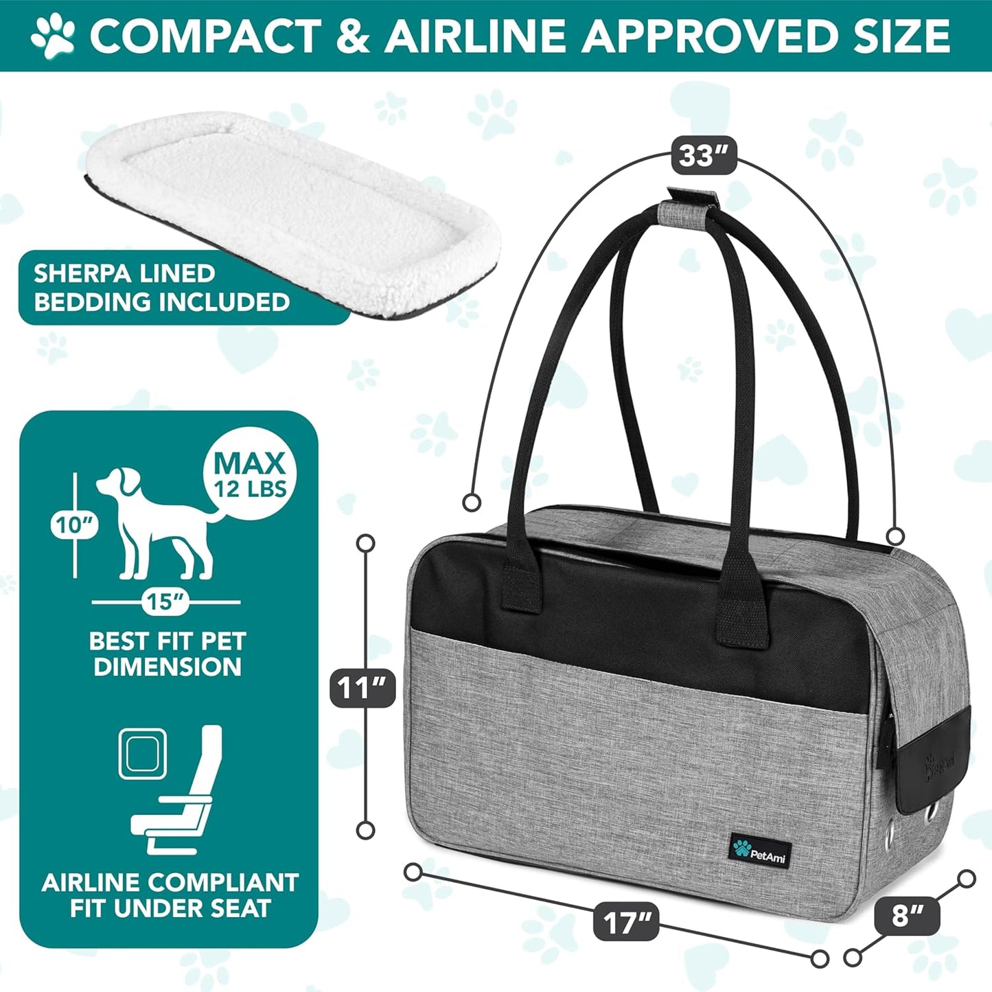 Soft-Sided Dog and Cat Carrier, TSA Approved Travel Tote with Pockets and Ventilation, Includes Bed and Shoulder Strap, For Pets Up to 12 lbs, Heather Grey