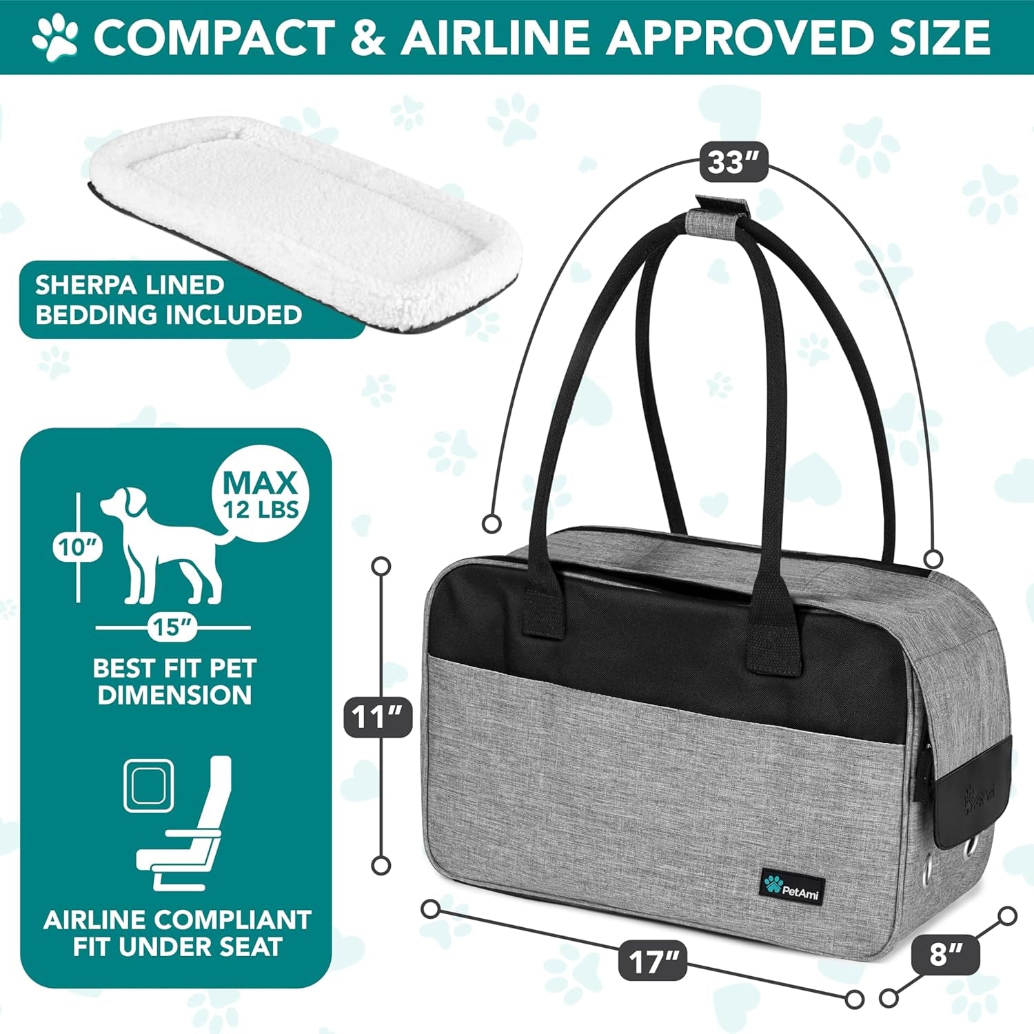 Soft-Sided Dog and Cat Carrier, TSA Approved Travel Tote with Pockets and Ventilation, Includes Bed and Shoulder Strap, For Pets Up to 12 lbs, Heather Grey