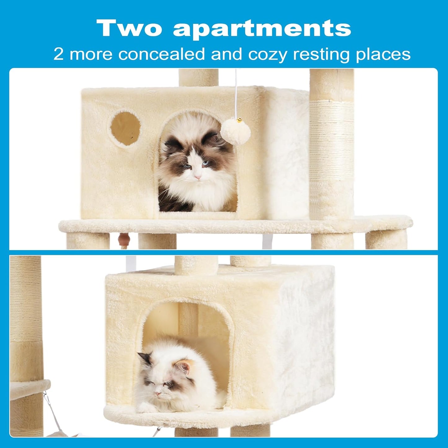 Large Multi-Level Cat Tree Condo with Sisal-Covered Scratching Posts, Spacious Plush Condos, and Perch Hammock for Cats and Kittens - Beige MPJ020M