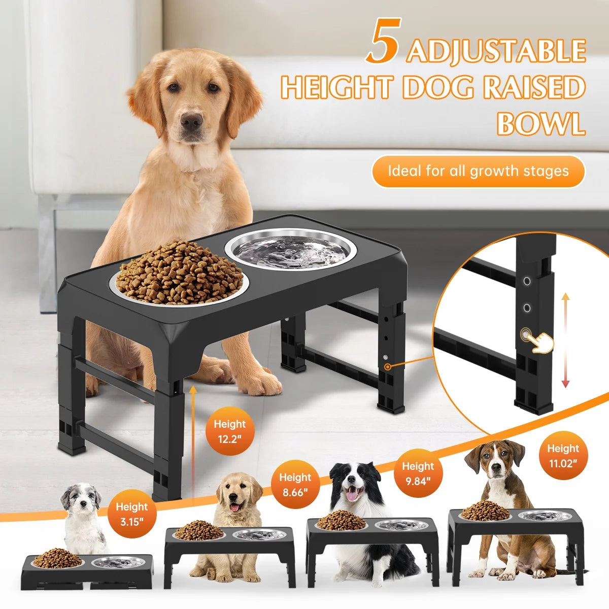 Elevated Dog Bowl Stand with Two 42oz Stainless Steel Bowls, Adjustable Height for Small, Medium, and Large Dogs and Cats