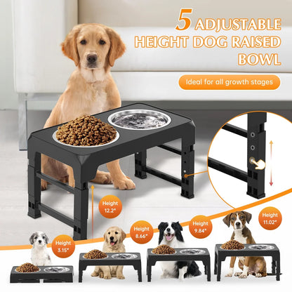 Elevated Dog Bowl Stand with Two 42oz Stainless Steel Bowls, Adjustable Height for Small, Medium, and Large Dogs and Cats