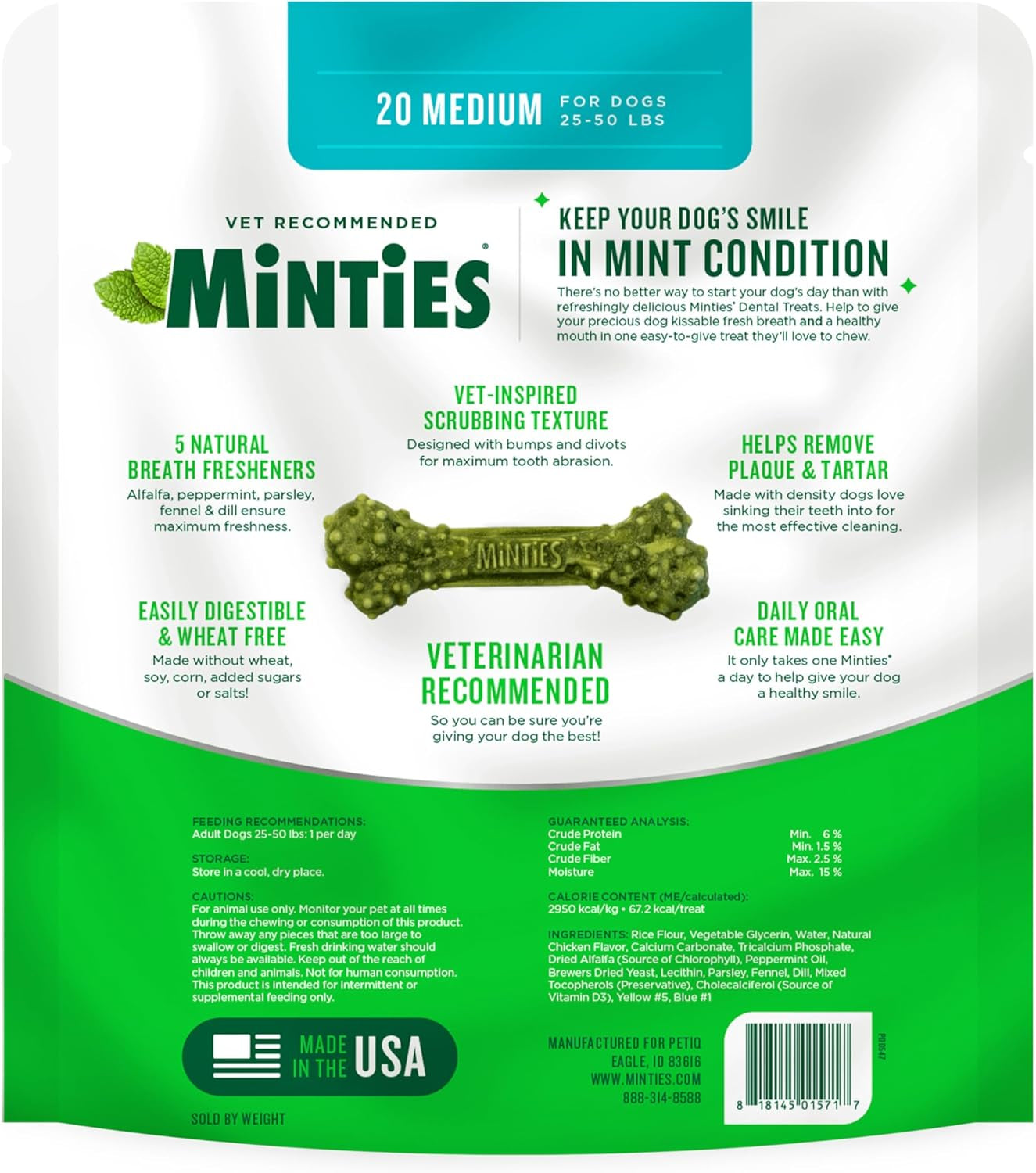 Vet-Recommended Mint-Flavored Dental Chews for Medium Dogs (25-50 lbs) - 20 Count, Promotes Oral Health by Reducing Plaque, Tartar, and Bad Breath