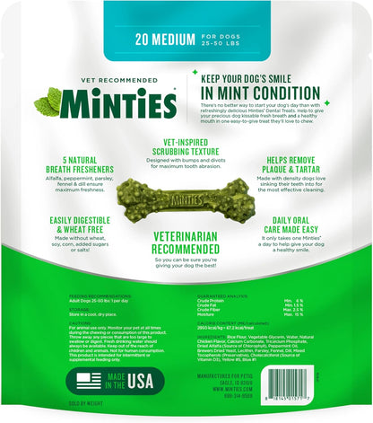 Vet-Recommended Mint-Flavored Dental Chews for Medium Dogs (25-50 lbs) - 20 Count, Promotes Oral Health by Reducing Plaque, Tartar, and Bad Breath