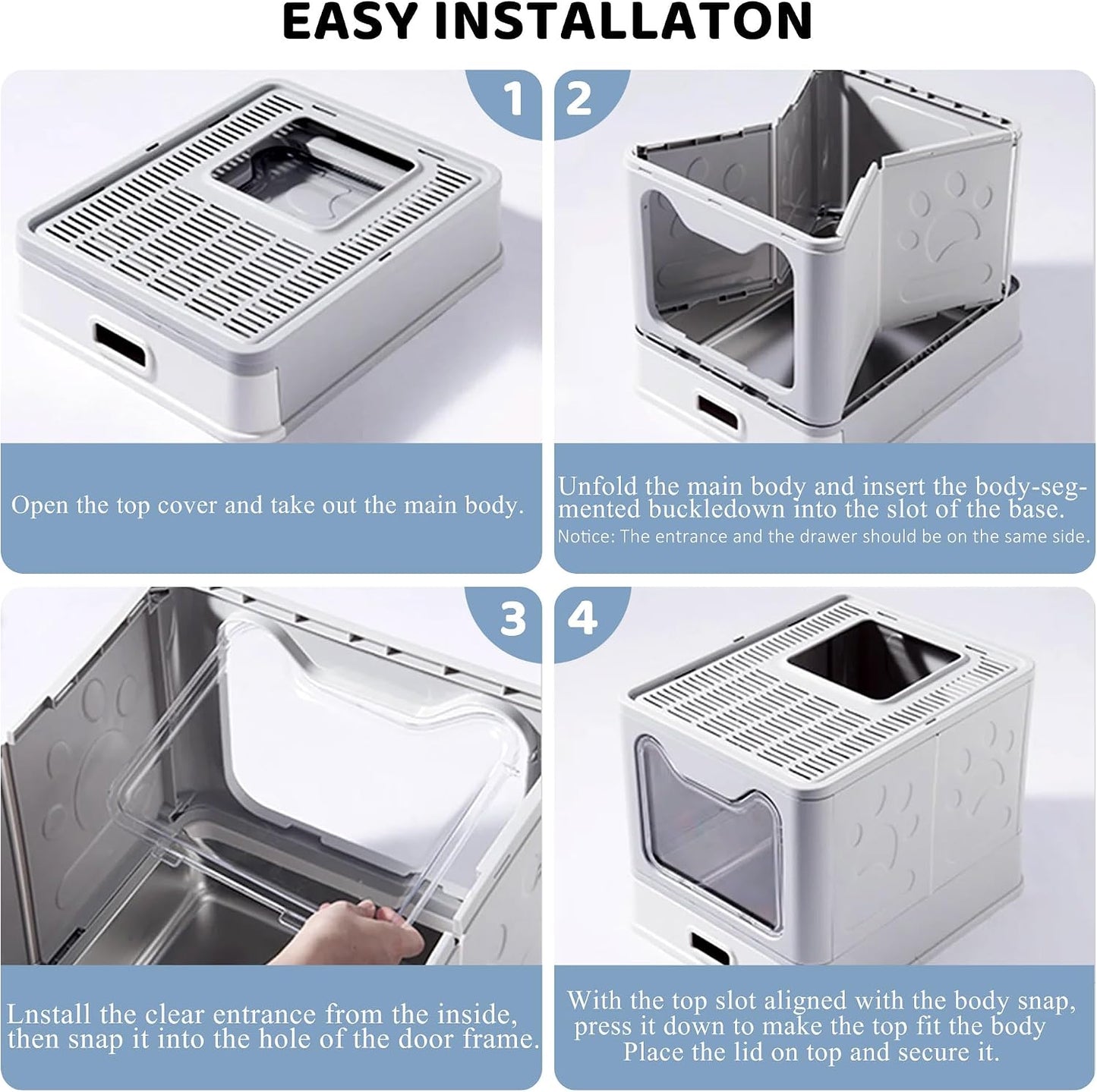 Enclosed Stainless Steel Cat Litter Box with Lid, Top Exit Design, Leak-Proof and Odorless, Easy to Clean, Includes Litter Scoop and Mat