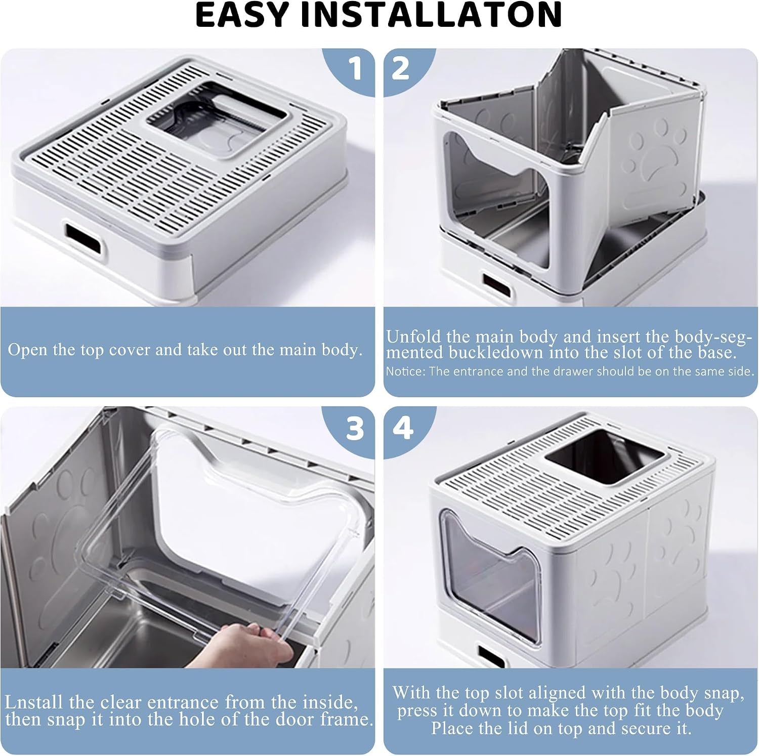 Enclosed Stainless Steel Cat Litter Box with Lid, Top Exit Design, Leak-Proof and Odorless, Easy to Clean, Includes Litter Scoop and Mat