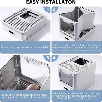Enclosed Stainless Steel Cat Litter Box with Lid, Top Exit Design, Leak-Proof and Odorless, Easy to Clean, Includes Litter Scoop and Mat