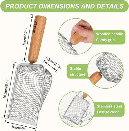 Cat Litter Scoop with Holder - Metal Mesh Scooper with Wooden Handle for Efficient Sifting and Easy Cleaning