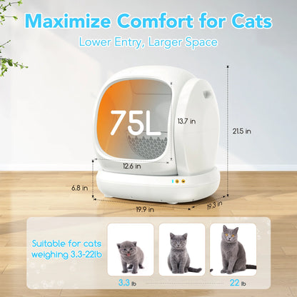 75L Smart Automatic Self-Cleaning Cat Litter Box with APP Control and Integrated Safety Features, White
