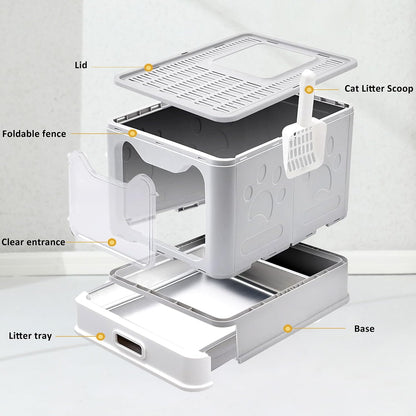 Enclosed Stainless Steel Cat Litter Box with Lid, Top Exit Design, Leak-Proof and Odorless, Easy to Clean, Includes Litter Scoop and Mat
