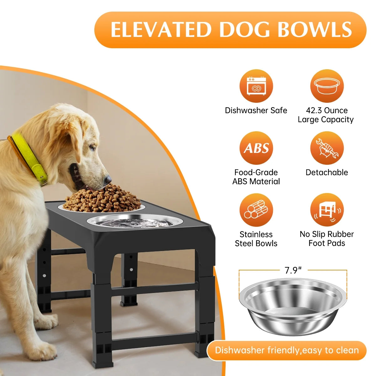 Elevated Dog Bowl Stand with Two 42oz Stainless Steel Bowls, Adjustable Height for Small, Medium, and Large Dogs and Cats