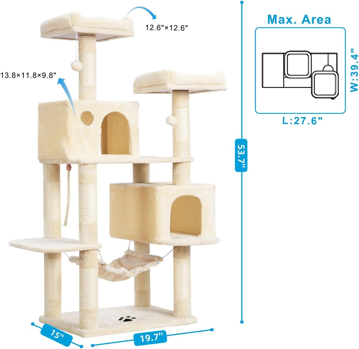Large Multi-Level Cat Tree Condo with Sisal-Covered Scratching Posts, Spacious Plush Condos, and Perch Hammock for Cats and Kittens - Beige MPJ020M
