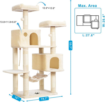 Large Multi-Level Cat Tree Condo with Sisal-Covered Scratching Posts, Spacious Plush Condos, and Perch Hammock for Cats and Kittens - Beige MPJ020M