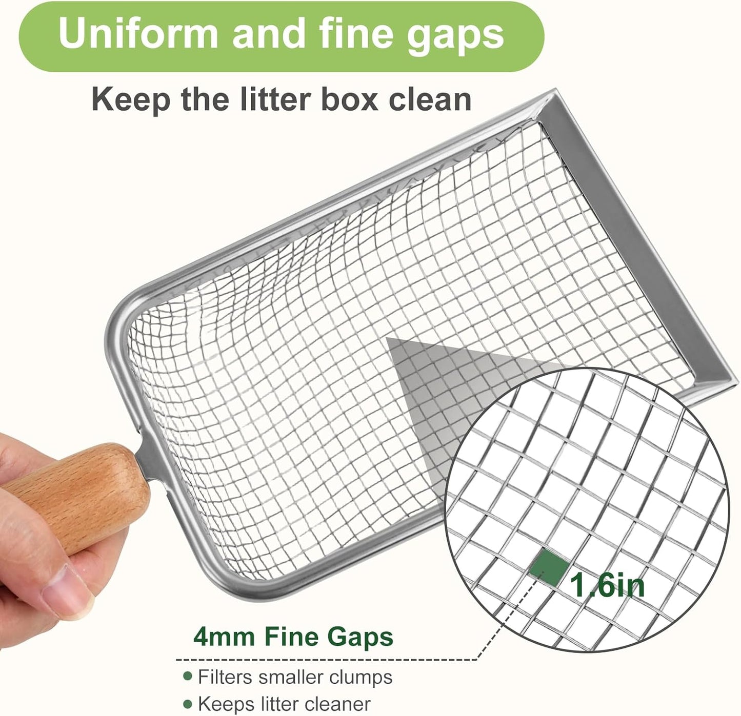 Cat Litter Scoop with Holder - Metal Mesh Scooper with Wooden Handle for Efficient Sifting and Easy Cleaning