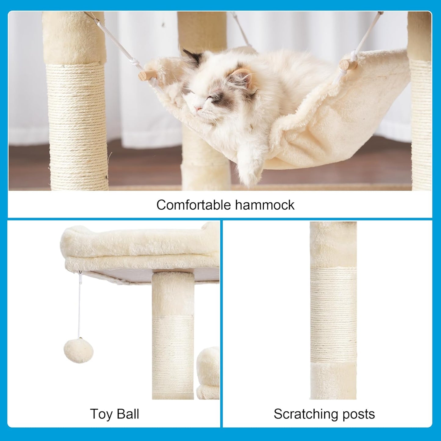 Large Multi-Level Cat Tree Condo with Sisal-Covered Scratching Posts, Spacious Plush Condos, and Perch Hammock for Cats and Kittens - Beige MPJ020M
