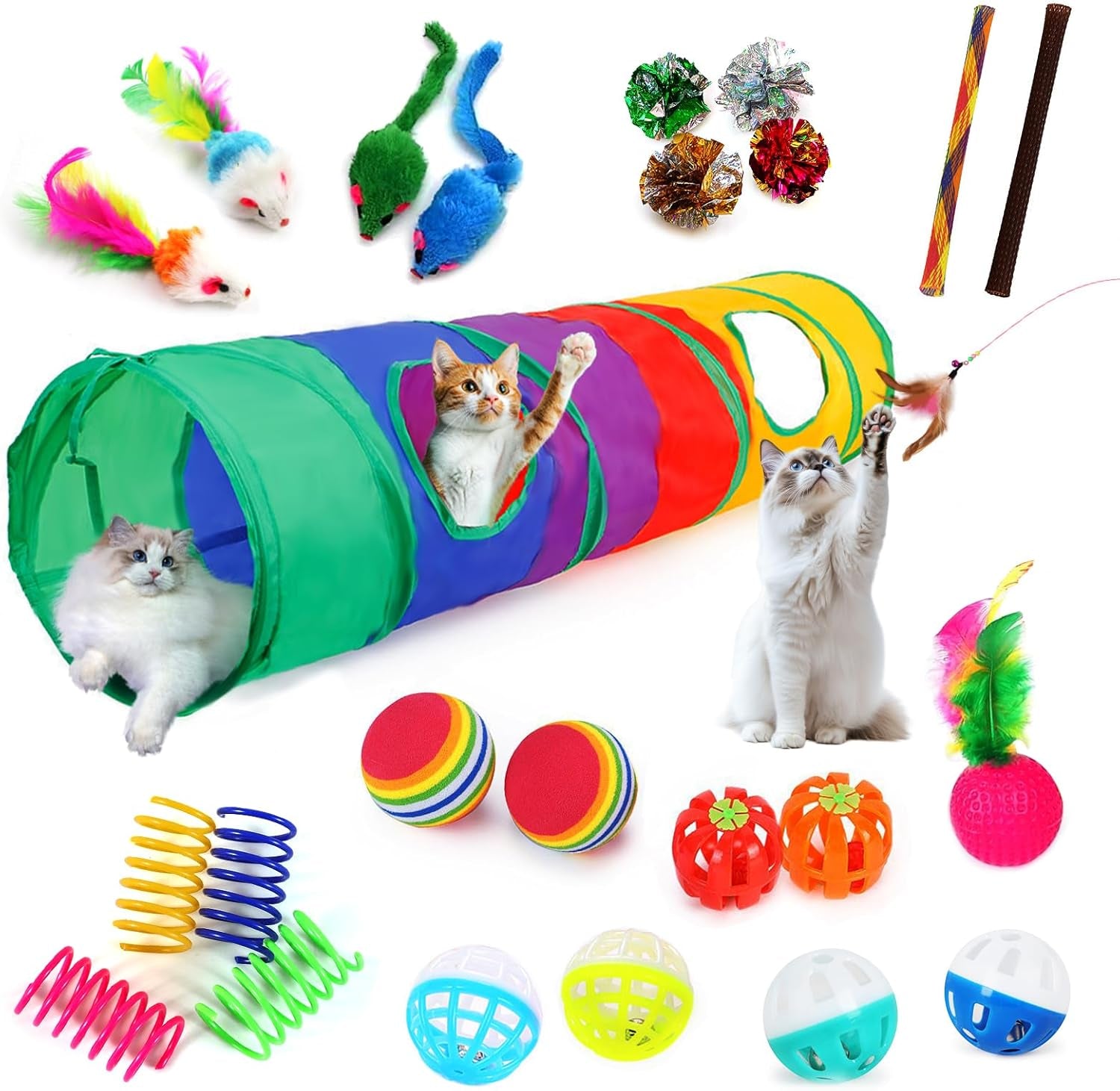 25-Piece Interactive Cat Toy Variety Pack for Indoor Kittens - Includes 45-Inch Rainbow Cat Tunnel, Feather Teasers, Mice, Springs, Balls, and Noise Toys