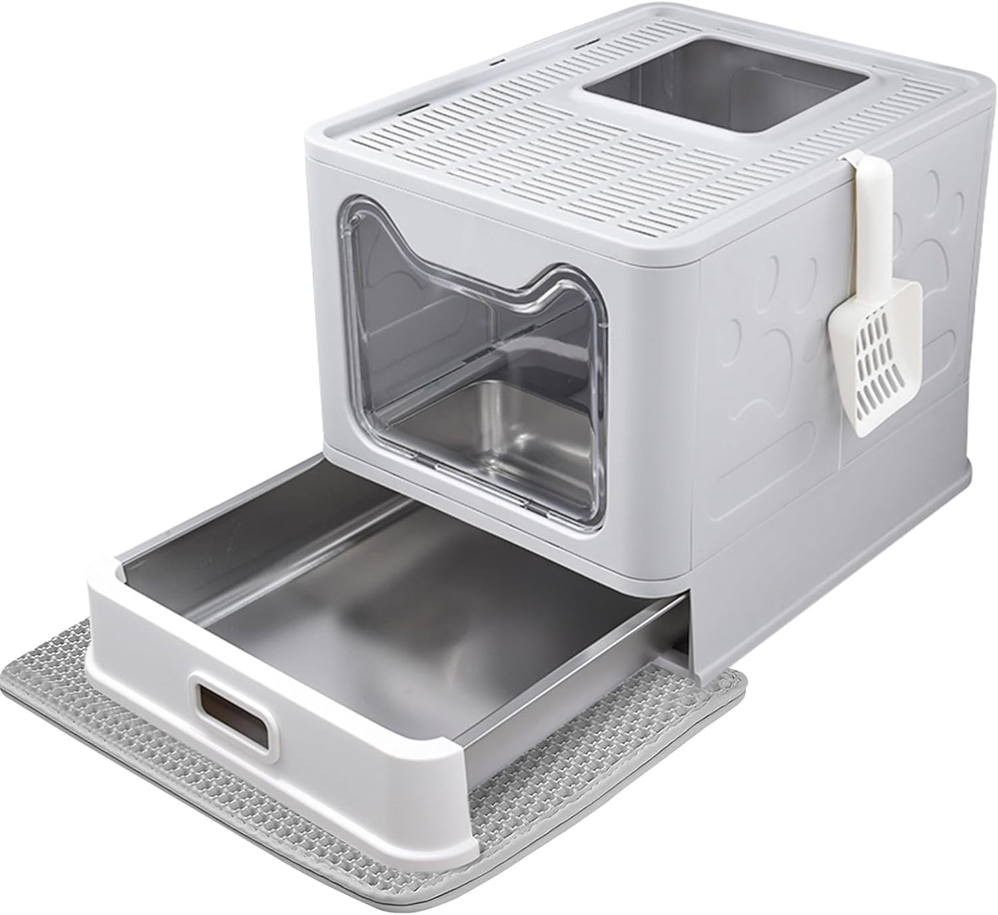 Enclosed Stainless Steel Cat Litter Box with Lid, Top Exit Design, Leak-Proof and Odorless, Easy to Clean, Includes Litter Scoop and Mat