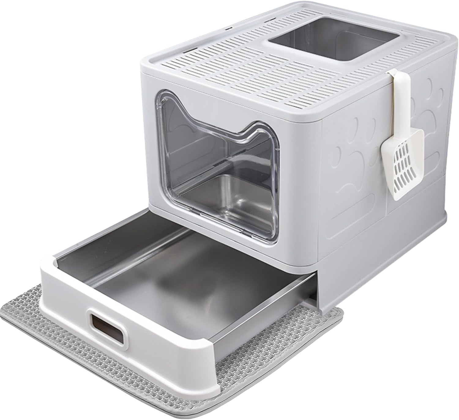 Enclosed Stainless Steel Cat Litter Box with Lid, Top Exit Design, Leak-Proof and Odorless, Easy to Clean, Includes Litter Scoop and Mat