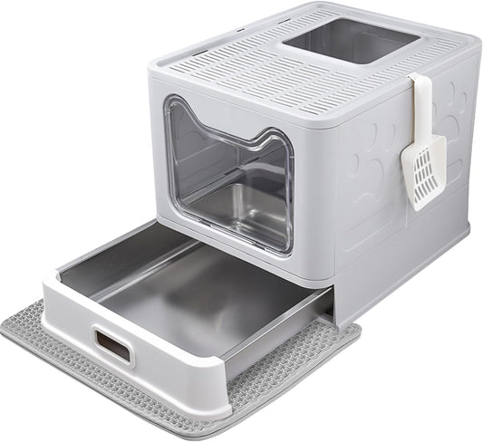 Enclosed Stainless Steel Cat Litter Box with Lid, Top Exit Design, Leak-Proof and Odorless, Easy to Clean, Includes Litter Scoop and Mat