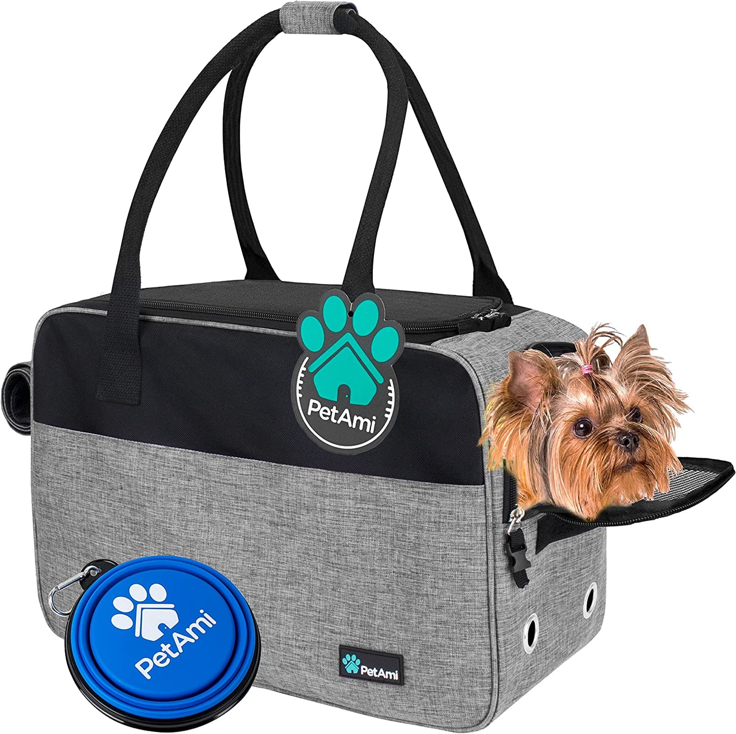 Soft-Sided Dog and Cat Carrier, TSA Approved Travel Tote with Pockets and Ventilation, Includes Bed and Shoulder Strap, For Pets Up to 12 lbs, Heather Grey