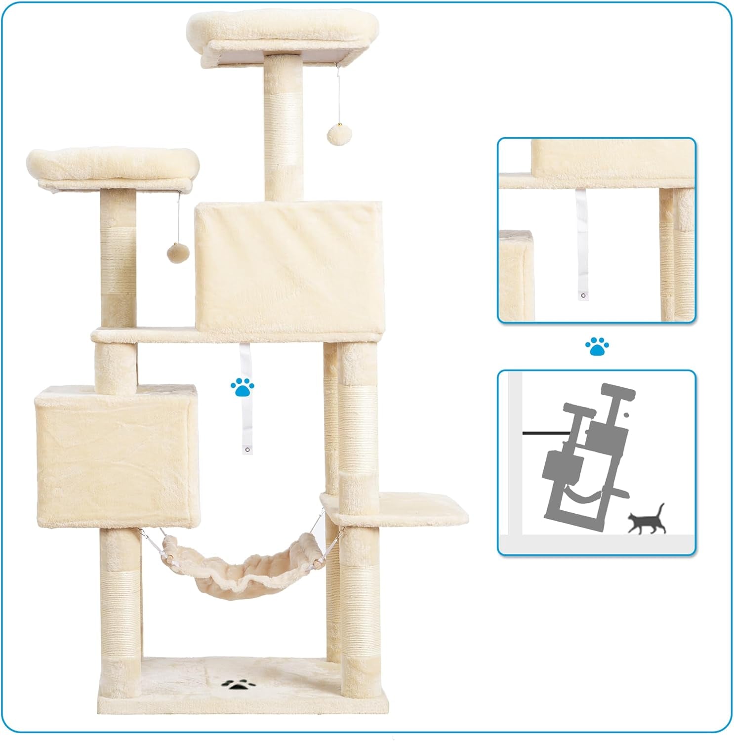 Large Multi-Level Cat Tree Condo with Sisal-Covered Scratching Posts, Spacious Plush Condos, and Perch Hammock for Cats and Kittens - Beige MPJ020M