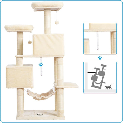 Large Multi-Level Cat Tree Condo with Sisal-Covered Scratching Posts, Spacious Plush Condos, and Perch Hammock for Cats and Kittens - Beige MPJ020M