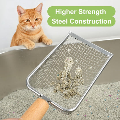 Cat Litter Scoop with Holder - Metal Mesh Scooper with Wooden Handle for Efficient Sifting and Easy Cleaning